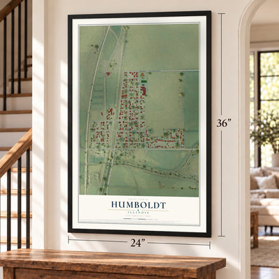 Humboldt, Illinois map, 24 x 36 inch print in a black frame by a staircase