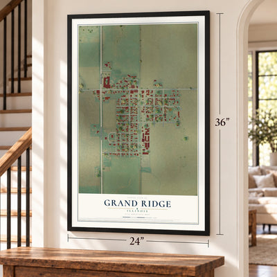 Grand Ridge, Illinois map, 24 x 36 inch print in a black frame by a staircase