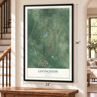 Livingston, Alabama map, 24 x 36 inch print in a black frame by a staircase
