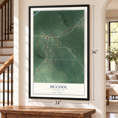 McCool, Mississippi map, 24 x 36 inch print in a black frame by a staircase