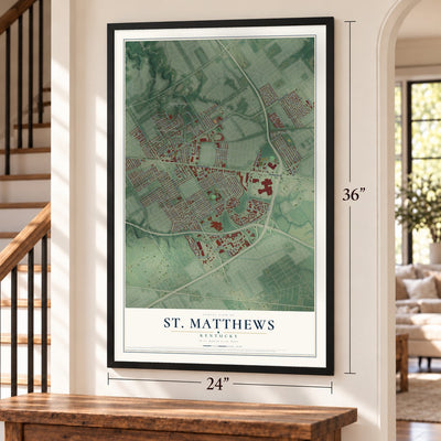 St. Matthews, Kentucky map, 24 x 36 inch print in a black frame by a staircase