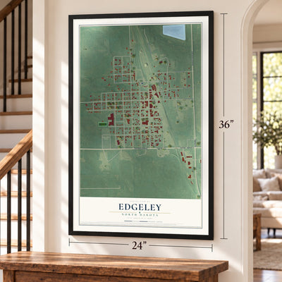 Edgeley, North Dakota map, 24 x 36 inch print in a black frame by a staircase