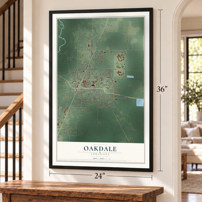 Oakdale, Louisiana map, 24 x 36 inch print in a black frame by a staircase