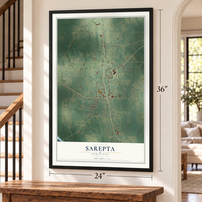 Sarepta, Louisiana map, 24 x 36 inch print in a black frame by a staircase