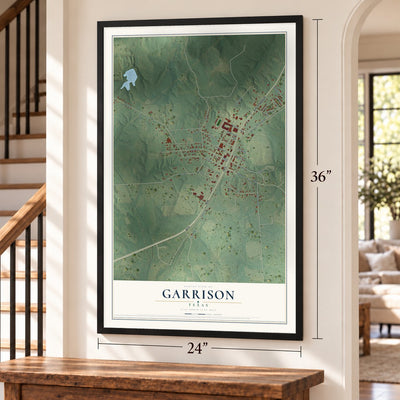 Garrison, Texas map, 24 x 36 inch print in a black frame by a staircase