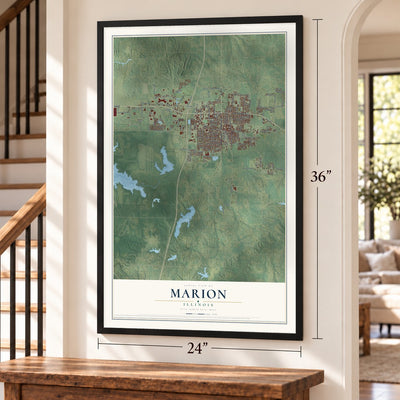 Marion, Illinois map, 24 x 36 inch print in a black frame by a staircase