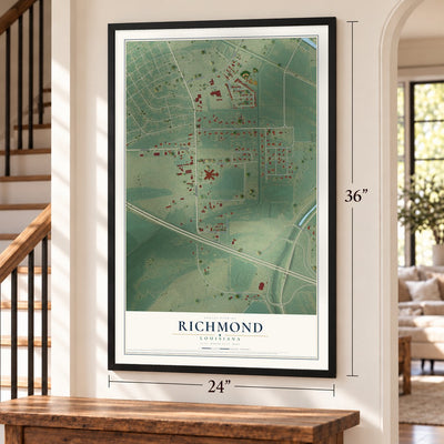 Richmond, Louisiana map, 24 x 36 inch print in a black frame by a staircase