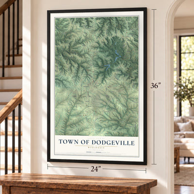 Town of Dodgeville, Wisconsin map, 24 x 36 inch print in a black frame by a staircase