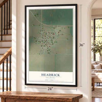 Headrick, Oklahoma map, 24 x 36 inch print in a black frame by a staircase