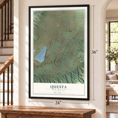 Questa, New Mexico map, 24 x 36 inch print in a black frame by a staircase