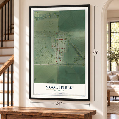 Moorefield, Nebraska map, 24 x 36 inch print in a black frame by a staircase