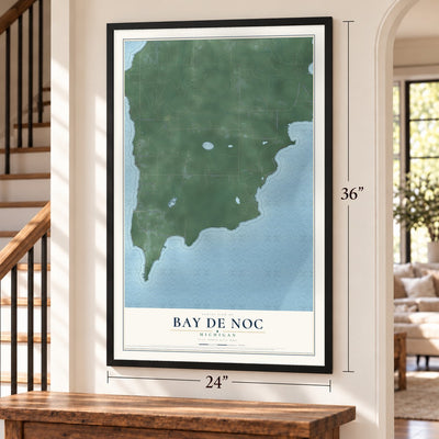 Bay de Noc, Michigan map, 24 x 36 inch print in a black frame by a staircase