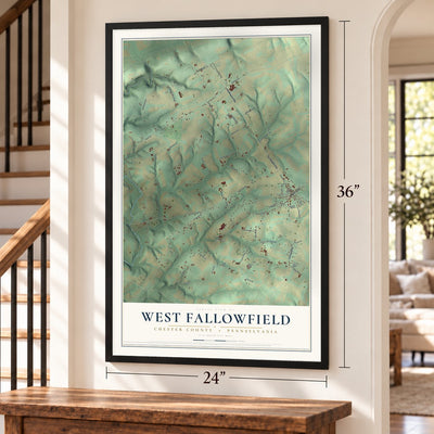 West Fallowfield, Chester County, Pennsylvania map, 24 x 36 inch print in a black frame by a staircase