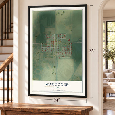 Waggoner, Illinois map, 24 x 36 inch print in a black frame by a staircase