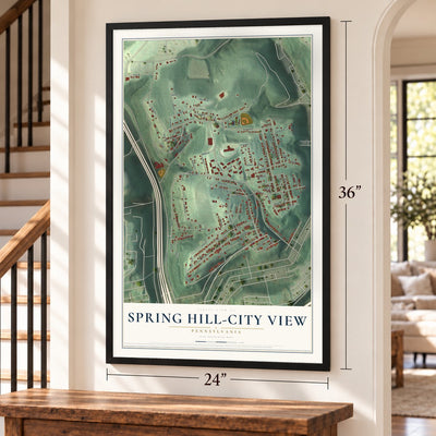 Spring Hill-City View, Pennsylvania map, 24 x 36 inch print in a black frame by a staircase