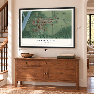 New Harmony, Indiana map, 24 x 36 inch print in a black frame above a dresser by a staircase