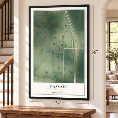 Passaic, Missouri map, 24 x 36 inch print in a black frame by a staircase