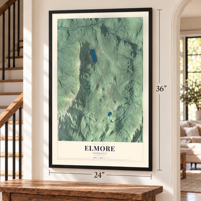 Elmore, Vermont map, 24 x 36 inch print in a black frame by a staircase