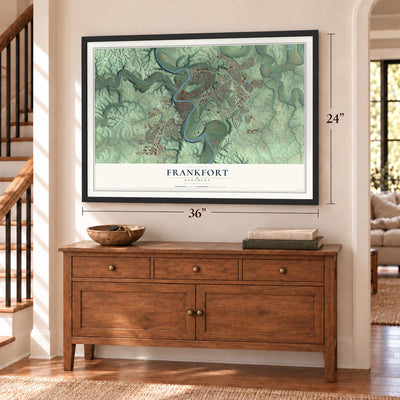 Frankfort, Kentucky map, 24 x 36 inch print in a black frame above a dresser by a staircase