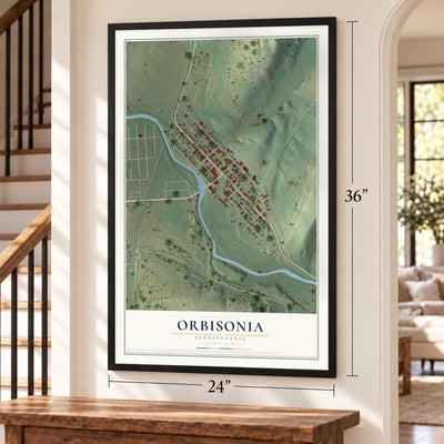 Orbisonia, Pennsylvania map, 24 x 36 inch print in a black frame by a staircase