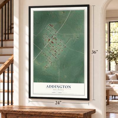 Addington, Oklahoma map, 24 x 36 inch print in a black frame by a staircase