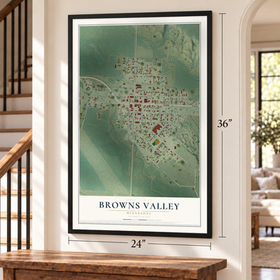 Browns Valley, Minnesota map, 24 x 36 inch print in a black frame by a staircase