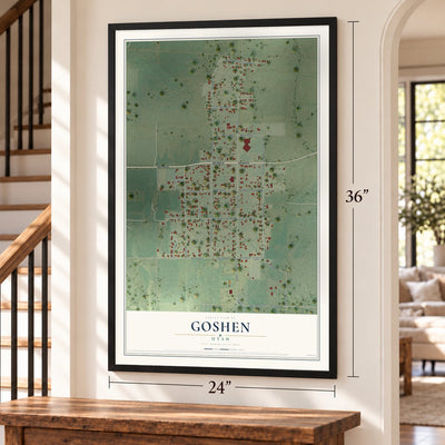 Goshen, Utah map, 24 x 36 inch print in a black frame by a staircase