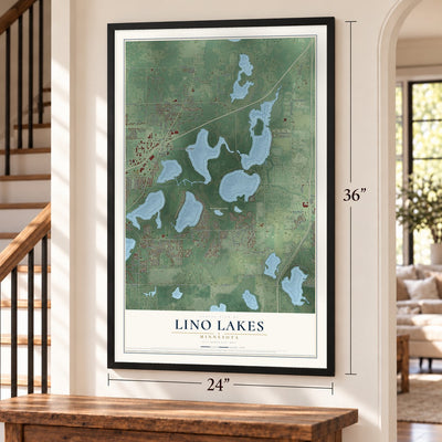 Lino Lakes, Minnesota map, 24 x 36 inch print in a black frame by a staircase
