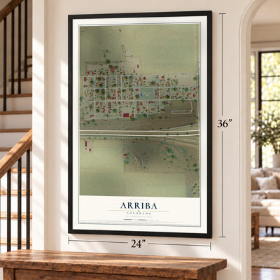Arriba, Colorado map, 24 x 36 inch print in a black frame by a staircase