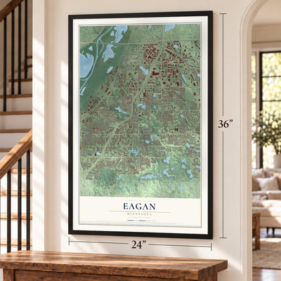 Eagan, Minnesota map, 24 x 36 inch print in a black frame by a staircase