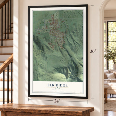 Elk Ridge, Utah map, 24 x 36 inch print in a black frame by a staircase