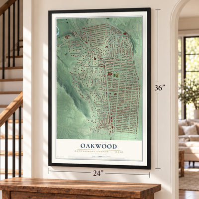 Oakwood, Montgomery County, Ohio map, 24 x 36 inch print in a black frame by a staircase