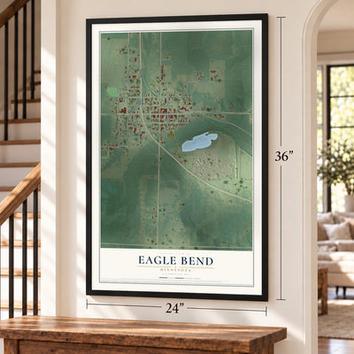 Eagle Bend, Minnesota map, 24 x 36 inch print in a black frame by a staircase