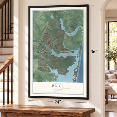 Brick, New Jersey map, 24 x 36 inch print in a black frame by a staircase