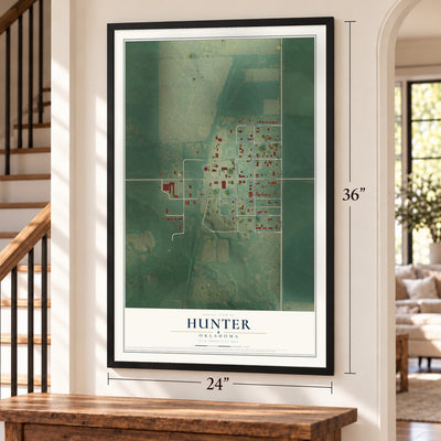 Hunter, Oklahoma map, 24 x 36 inch print in a black frame by a staircase