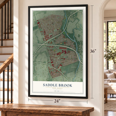 Saddle Brook, New Jersey map, 24 x 36 inch print in a black frame by a staircase