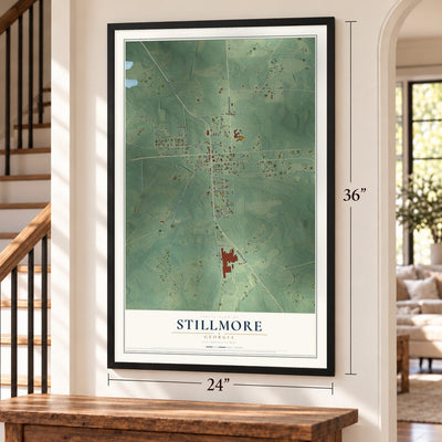 Stillmore, Georgia map, 24 x 36 inch print in a black frame by a staircase