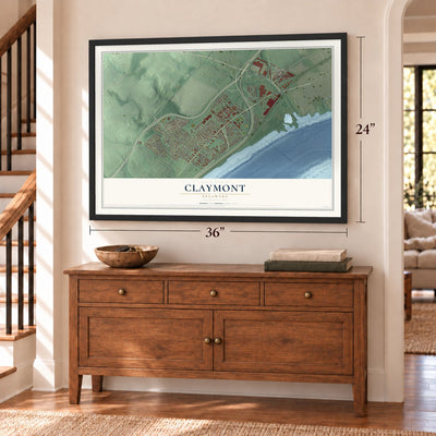 Claymont, Delaware map, 24 x 36 inch print in a black frame above a dresser by a staircase