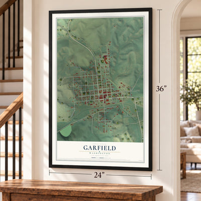 Garfield, Washington map, 24 x 36 inch print in a black frame by a staircase