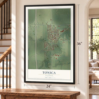 Tonica, Illinois map, 24 x 36 inch print in a black frame by a staircase