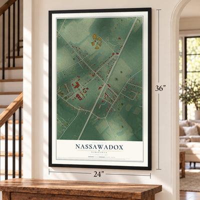 Nassawadox, Virginia map, 24 x 36 inch print in a black frame by a staircase