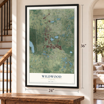 Wildwood, Florida map, 24 x 36 inch print in a black frame by a staircase