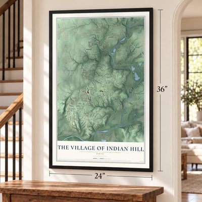 The Village of Indian Hill, Ohio map, 24 x 36 inch print in a black frame by a staircase