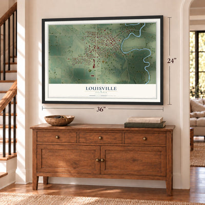 Louisville, Illinois map, 24 x 36 inch print in a black frame above a dresser by a staircase