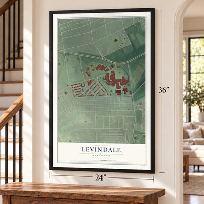 Levindale, Maryland map, 24 x 36 inch print in a black frame by a staircase