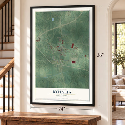 Byhalia, Mississippi map, 24 x 36 inch print in a black frame by a staircase