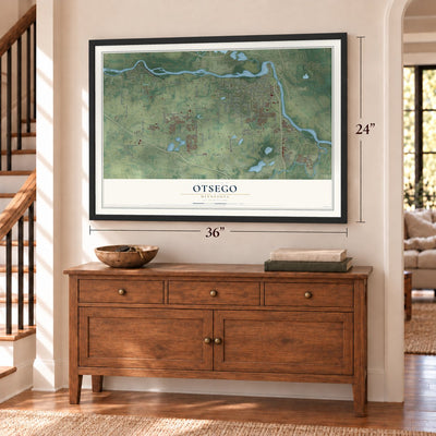 Otsego, Minnesota map, 24 x 36 inch print in a black frame above a dresser by a staircase