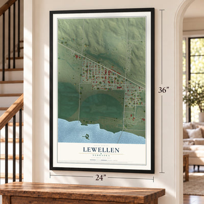 Lewellen, Nebraska map, 24 x 36 inch print in a black frame by a staircase