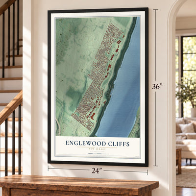 Englewood Cliffs, New Jersey map, 24 x 36 inch print in a black frame by a staircase