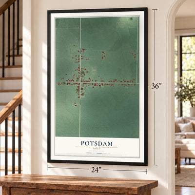 Potsdam, Ohio map, 24 x 36 inch print in a black frame by a staircase